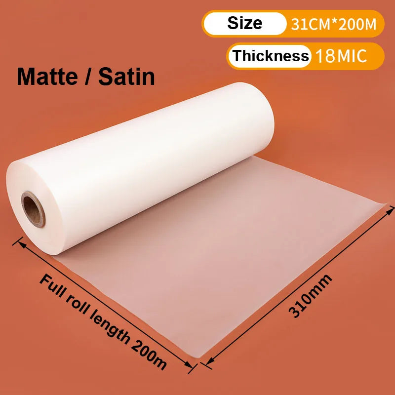 Glossy Matte Satin Clear 16Mic 18Mic 310mmx200M 1" Core Hot Laminating Films Bopp for Hot Roll Laminator