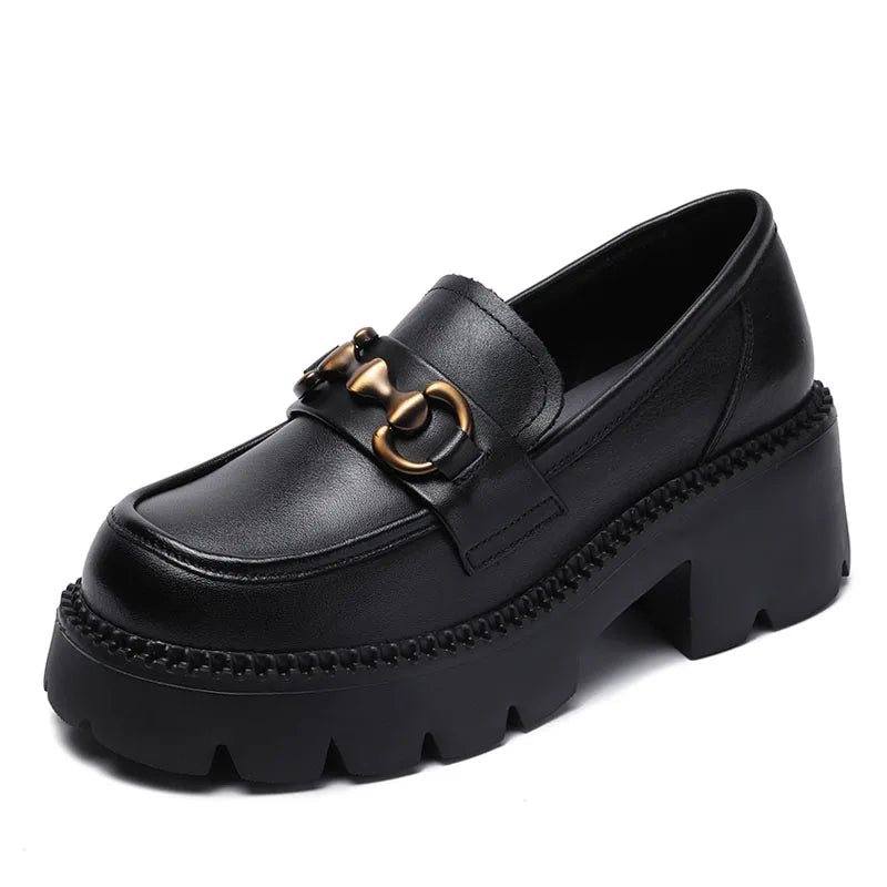 DRKANOL Women Thick Heel Loafers Slip On Pumps Spring Autumn New Design Metal Genuine Leather Round Toe High Heel Platform Shoes