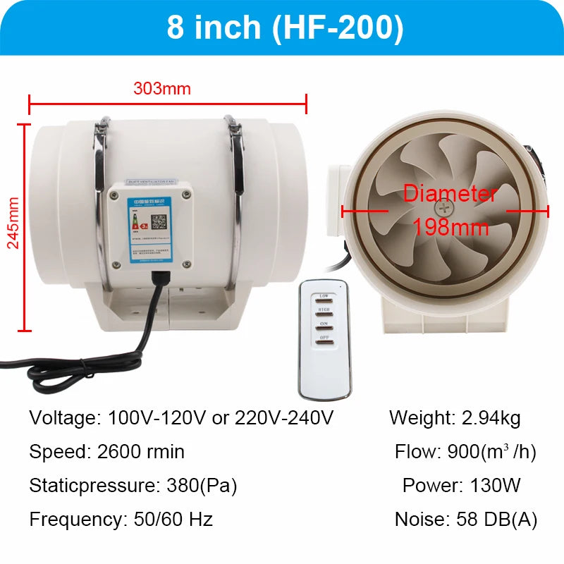 4/5/6/8 Inch Remote Control Exhaust Fan Silent Inline Pipe Duct Fan Extractor Air Ventilation Blower Kitchen Toilet Wall Booster