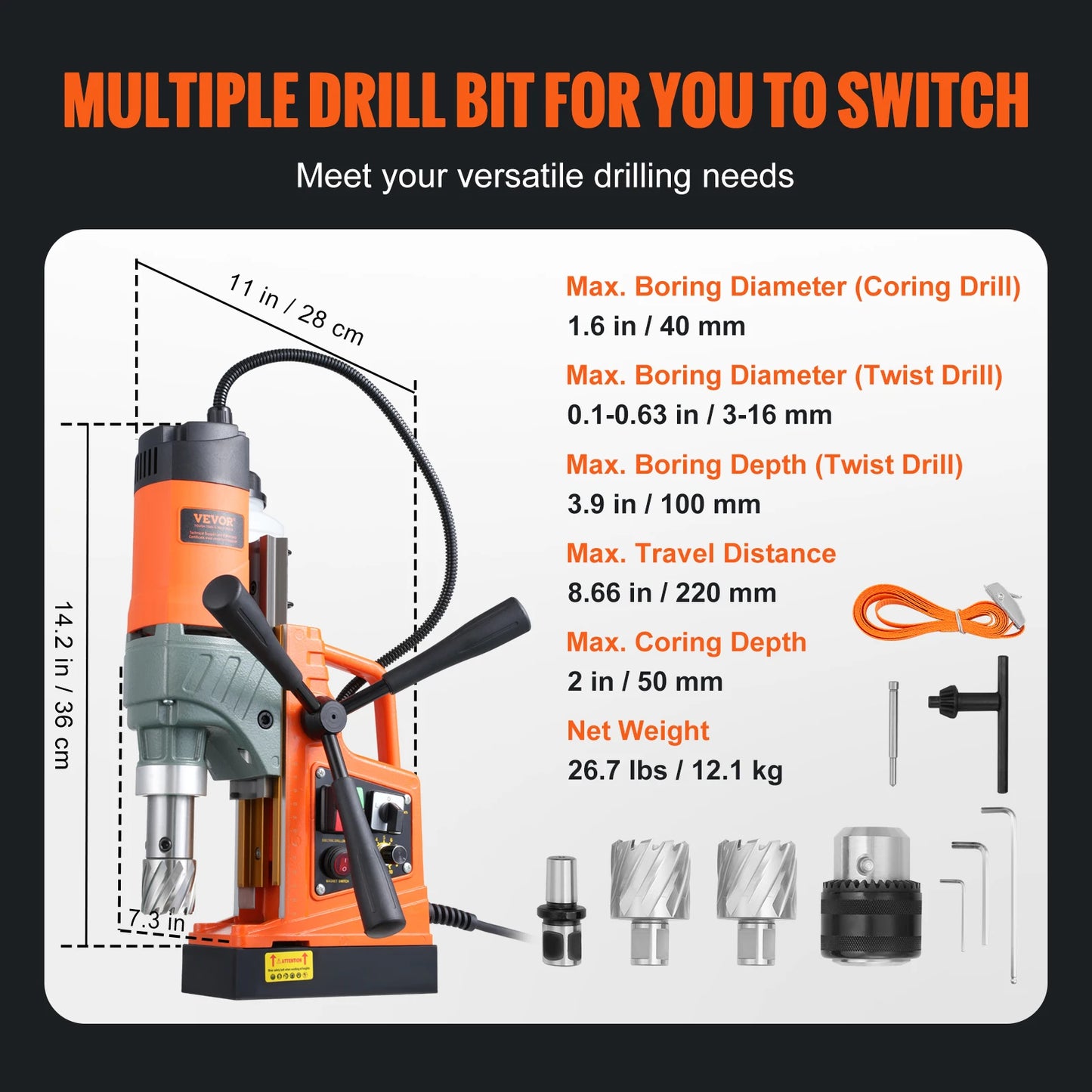SucceBuy 1450W Magnetic Drill 2"Boring Diameter 12500/12800N Portable Electric Mag Drill Press 800 RPM Magnetic Drilling Machine