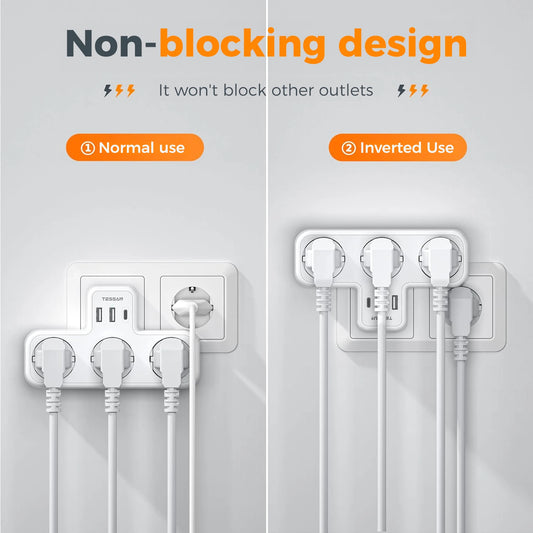 Tessan Multiple EU Standard USB Socket Wall Socket 6 in 1 Plug Socket with 3 AC Outlets with USB Charging Ports for Home Office