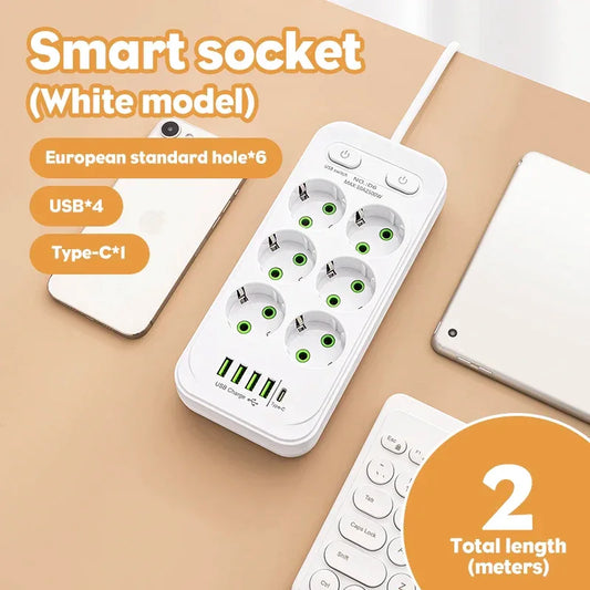 EU Plug AC Outlet Multitap Power Strip 2m Extension Cord Electrical Socket USB for Home Office Surge Protector Network Filter