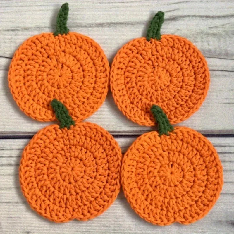 Halloween Fall Crochet Pumpkin Coasters Handmade Yarn Drink Mats Kitchen Dining Tableware Heat Resistant Decor Gift