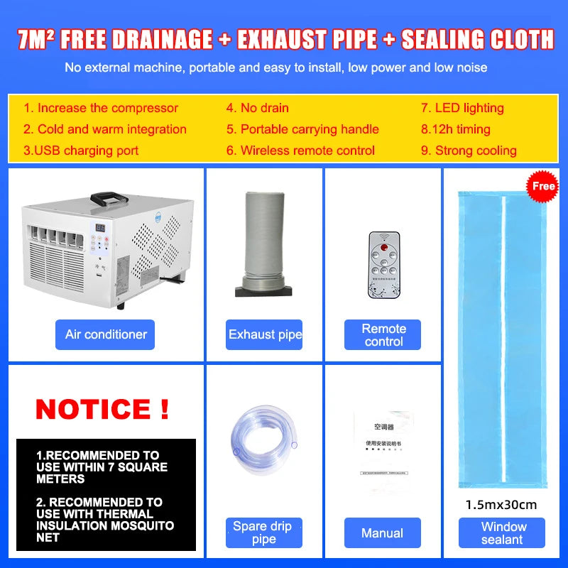 220V Mobile Small Air Conditioner 7m²Space Drainage-free Remote Control Power Saving Mini Cooling Heating Air Refrigerator 400W