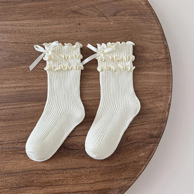 Korean Fashion Lace Lolita Calf Sock for Kids Girl Beige Black Color Ruffle Bow Children Calf Sock Spring Autumn Cotton Sock
