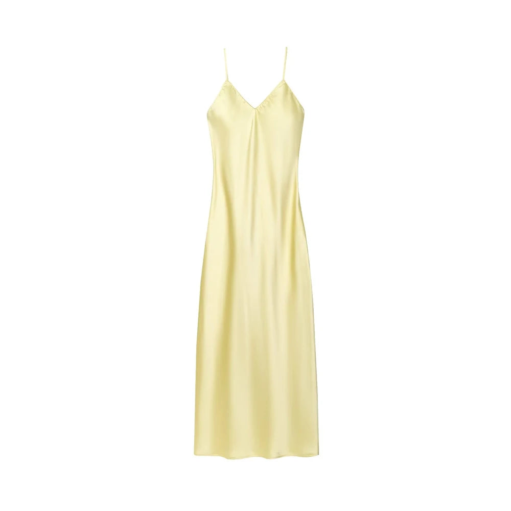 Women's Satin Midi Dress, V Neck, Thin Straps, Backless, Female Dresses, Sexy Fashion