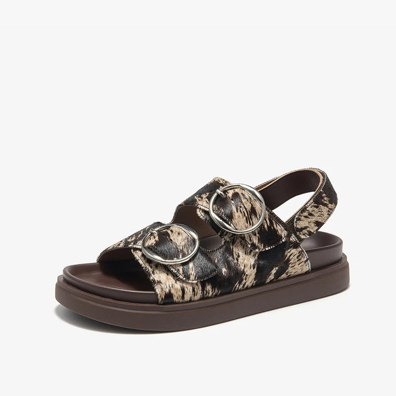 BEAUTODAY Casual Sandals Women Horseskin Animal Prints Double Buckles Straps Thick Sole Outdoor ladies Shoes Handmade 34616