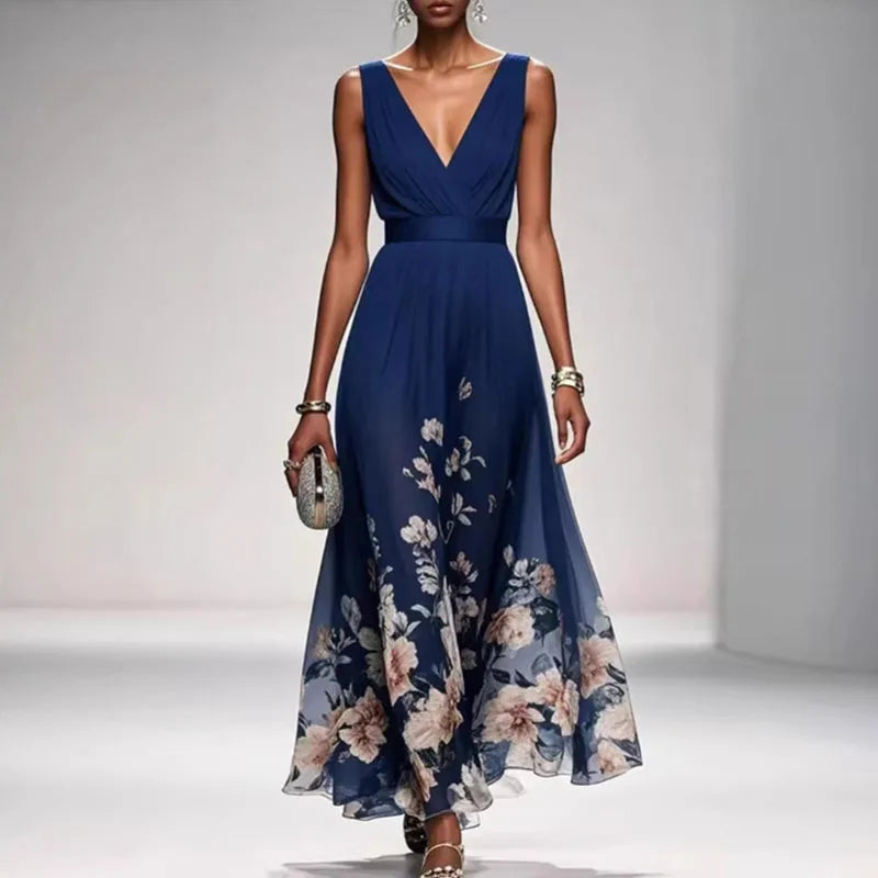 New Fashion Party Dresses Deep V Neck Floral Printing Ruffle Sleeveless A Line Beach Dress High Waisted Summer Sexy Womens Dress