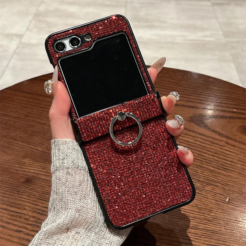 Luxuxy Glitter Sequin Ring Holder Bracket Phone Case For Samsung Galaxy Z Flip3 Z Flip5 Z Flip6 4 Blingbling Back Cover