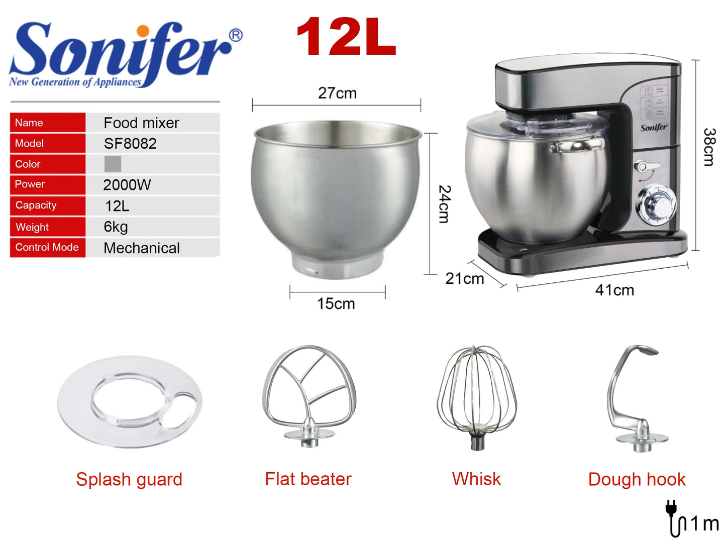 12L Stand Mixer Kitchen Aid Food Blender Cream Whisk Cake Dough Mixers With Bowl Stainless Steel Chef Machine Charm Sonifer