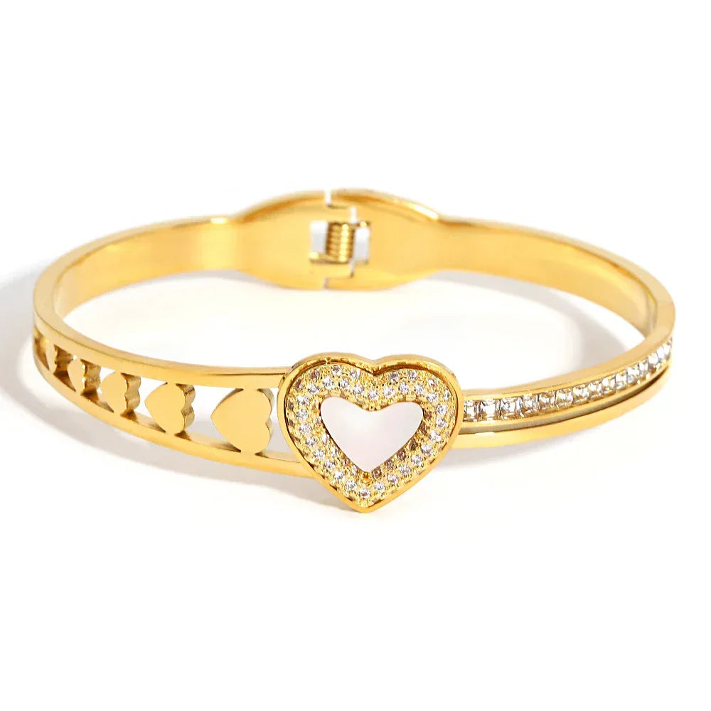 Elegant Rhinestones Bracelet with White Shell for Women Stainless Steel Golden Series Jewelry Fashion Valentine's Day Jewelry