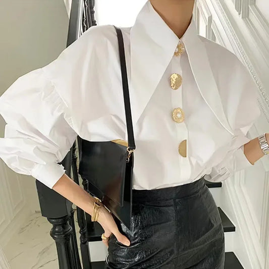 2025 Autumn Long Sleeve Women Shirt Fashion Spring Lanter Sleeve Blouses Office Lady Elegant Tops Casual Loose Clothing