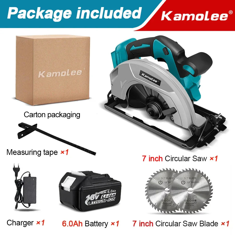 Kamolee 7 inch 21V 6.0Ah 6000mAh Electric Circular Saw for Home DIY Apply to 18V 21V Battery
