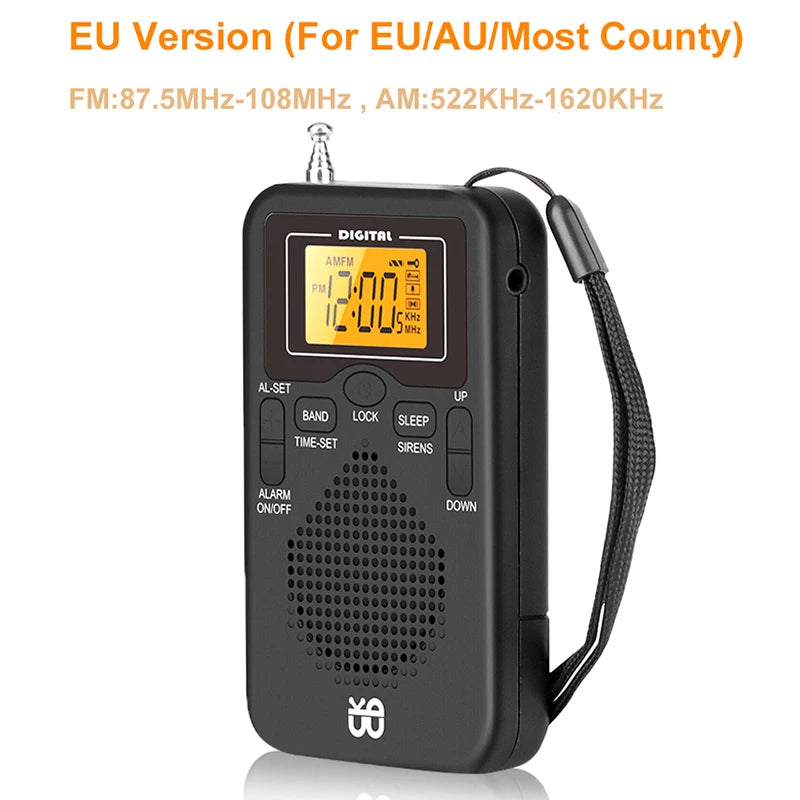 Portable Radio Mini AM FM Weather Radio Pocket Radio Player LCD Screen Digital Alarm Clock Radio Long Range Best Reception