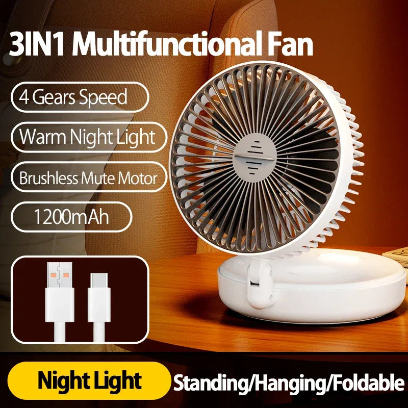 New 5000mAh Rechargeable 3IN1 Multifunctional Portable Fan Wall Mounted Fan 90° Folding Fan 4 Gears With Warm Night Light