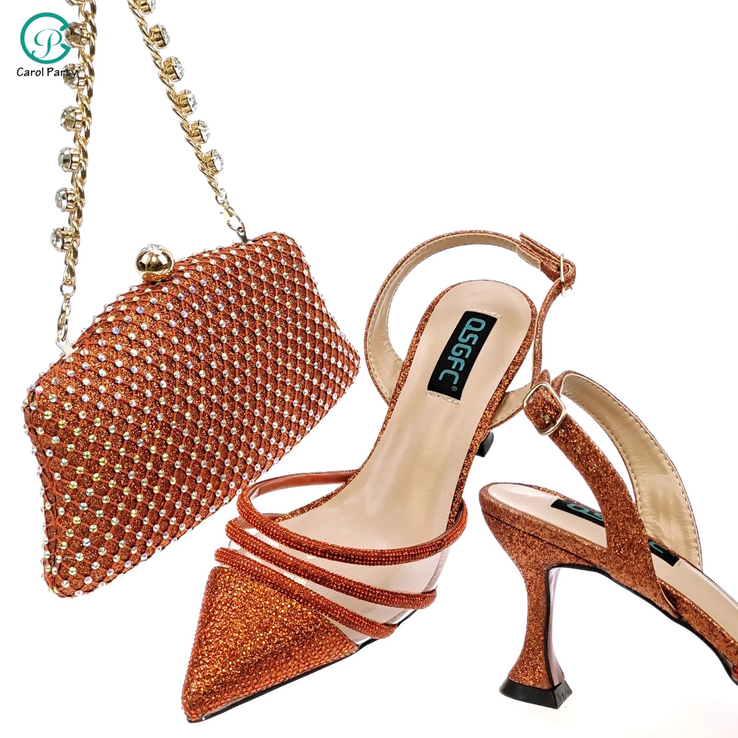 QSGFC African Women's Fashion Crystal Square Button Pointed High Heels Water Diamond Shiny Wine Color Sandal Bag Set