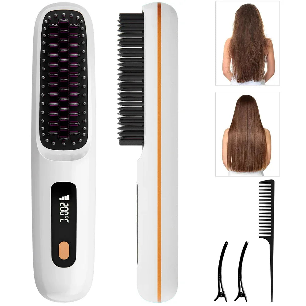 Rechargeable Hair Straightener Brush with 20s Fast Heating and 3 Temp Settings, Straightening Comb with Negative Ions for Women