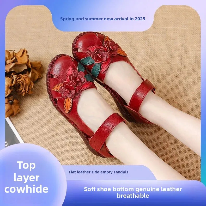 New 2025 Ladies Flat Sandals Soft Leather Anti-Slip Bottom Ethnic Style Comfortable Soft Surface Design for Elderly People