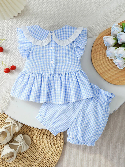 Summer Baby Girls 2Pcs Set 9-12M Blue Gingham Cherry Embroidered Ruffle Top & Bloomers Infant Casual Daily Wear