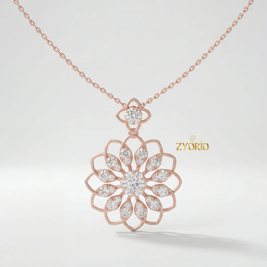 Women's Luxury Gold Floral Bloom Diamond Pendant Sterling Silver Gold Plated Chain Sparkling Wedding Jewelry by PDG ibma