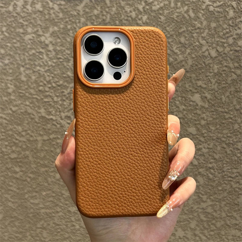 Luxury Business Lichee Pattern Leather Texture TPU Case For iPhone 16 15 14 13 12 11 Pro Max 16 Plus Shockproof Matte Soft Cover