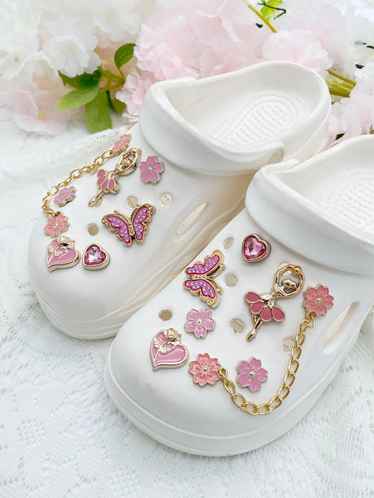 14pcs Fashion ABS Shoe Charms – Pink Flowers, Butterflies, Hearts & Flower Chains. DIY Removable Clog Decorations for Sandals, A by PDG ibma