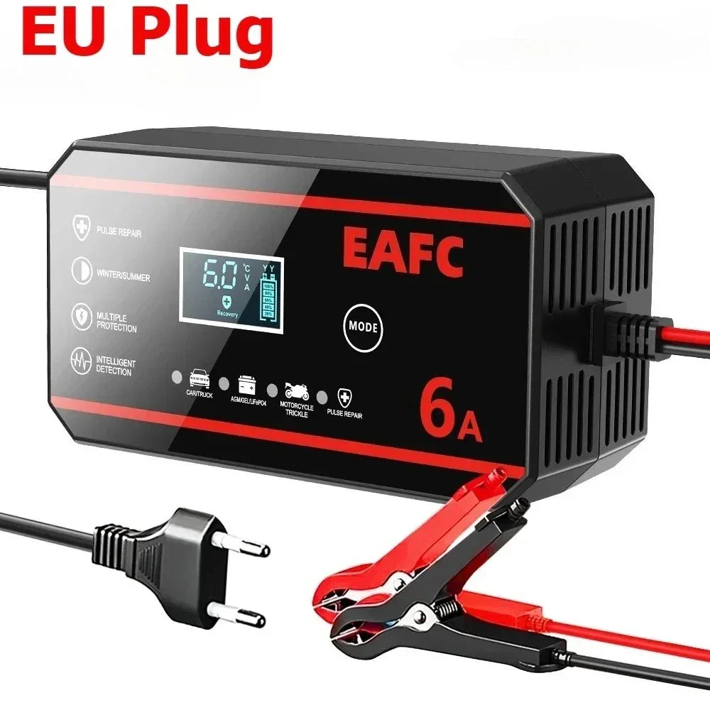 EAFC Fully Automatic 12V 6A Smart Car Battery Charger Pulse Repair LCD Display for Auto Moto AGM GEL WET Lead Acid LiFePO4