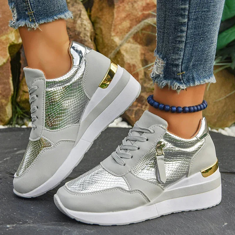 Gold Silver Wedge Sneakers for Women Lightweight Non Slip Casual Sports Shoes Woman Comfort Thick Sole Walking Shoes Plus Size