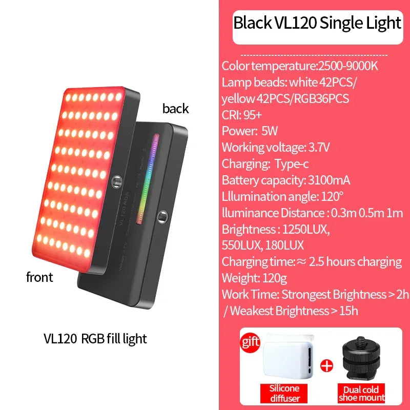 Ulanzi VL120 Full Color RGB Video Light 2500K-9000K LED Photography Lighting Dimmable Camera Light Live Videography Fill Lamp