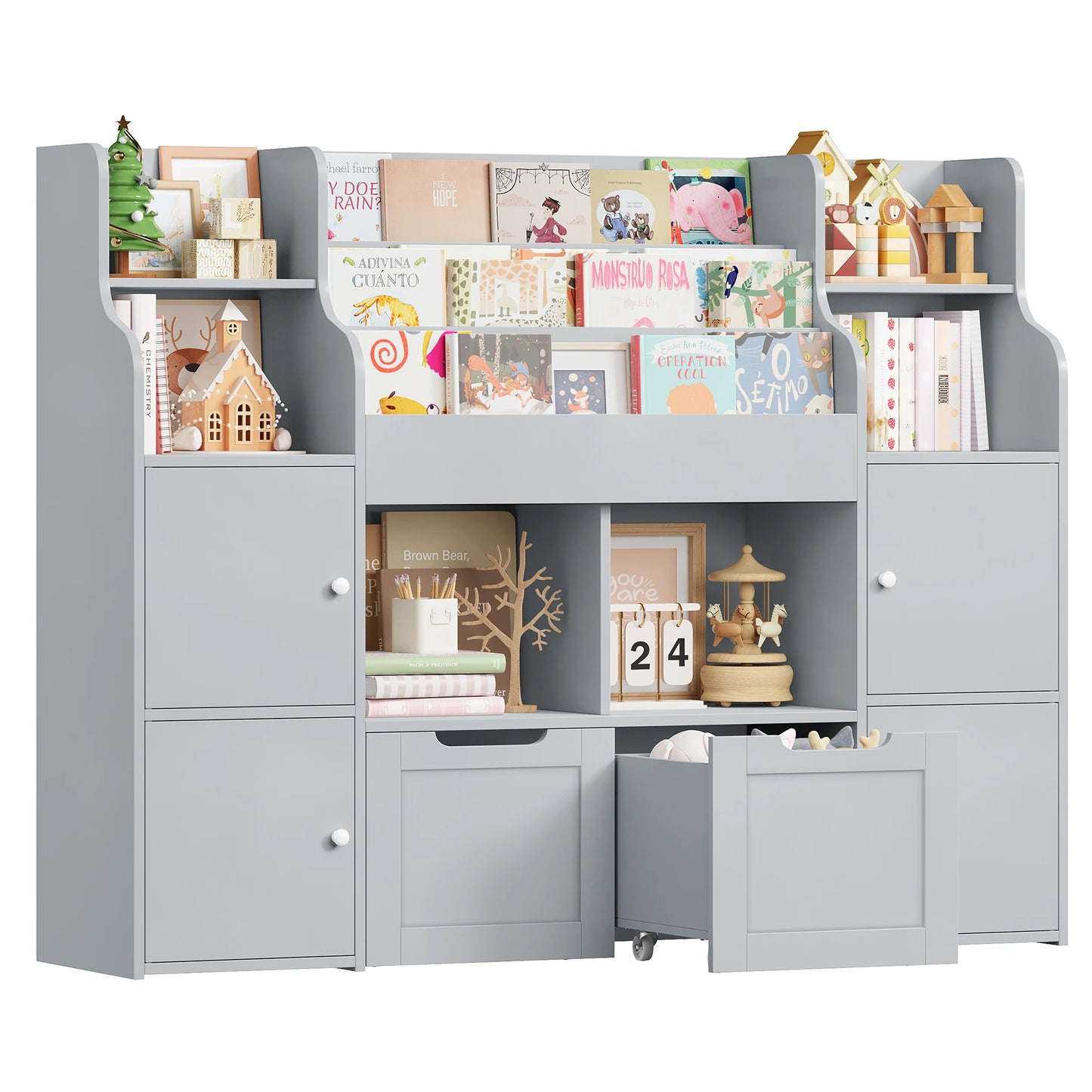 Getone Toy Storage , Childrens Bookcase,Unit 3-tier Kids Bookshelf, Kids Storage with 2 Drawers with Wheels, 4 Doors, 6 Open Shelves,multi-functional toy storage unit122x30x100cm