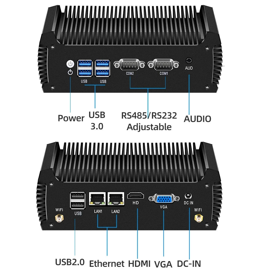 Fanless Industrial Mini PC Dual LAN 2*COM RS232 Core i5 5200U i3 5005U Celeron 2955U DDR3L WIFI Support Linux Ubuntu Computer