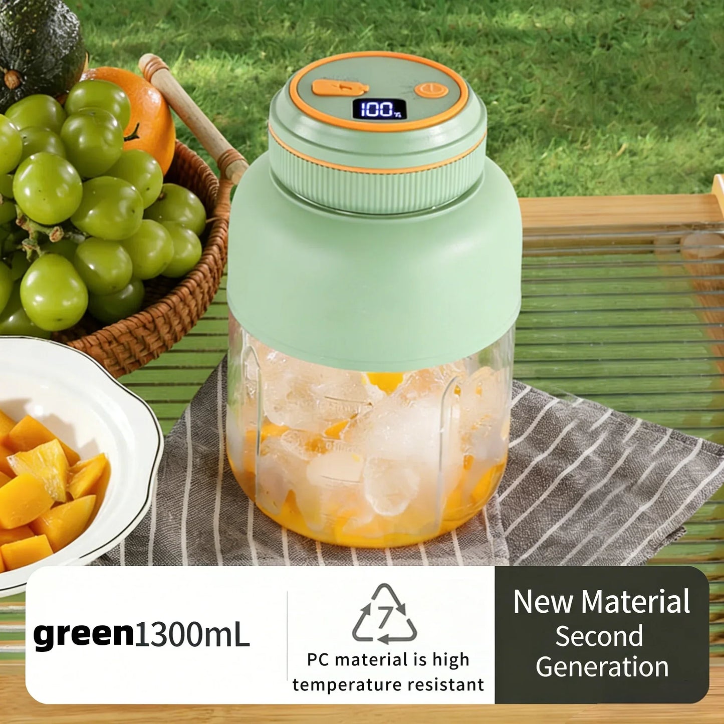 1300ML USB Rechargeable Portable Juicer, 46 Blades Fresh Fruit Mixer, Multifunctional Ice Crusher Smoothie Blender for Home