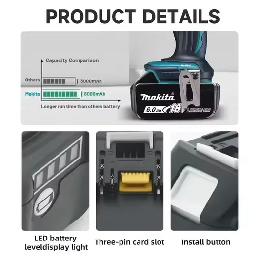 Genuine Makita 6.0Ah for Makita 18V Battery BL1830B BL1850B BL1850 BL1840 B0L1815 Replacement Lithium Battery DC18RC Chargers