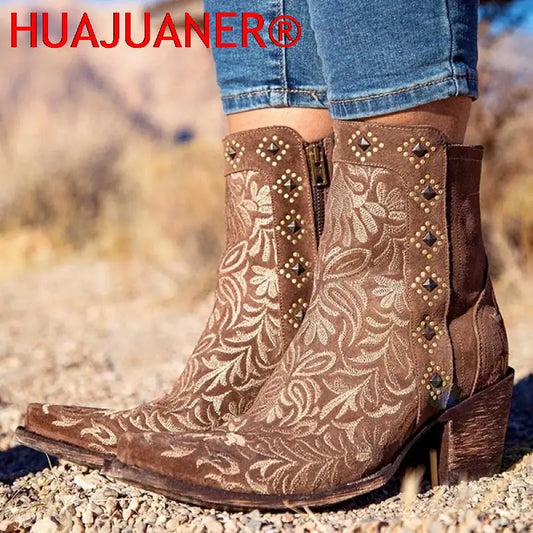 Autumn Winter Ladies Boots Casual Embroidery Zipper Ankle Boots Rivet Western Pointed Toe Low-heel Warm Boots For Ladies Shoes