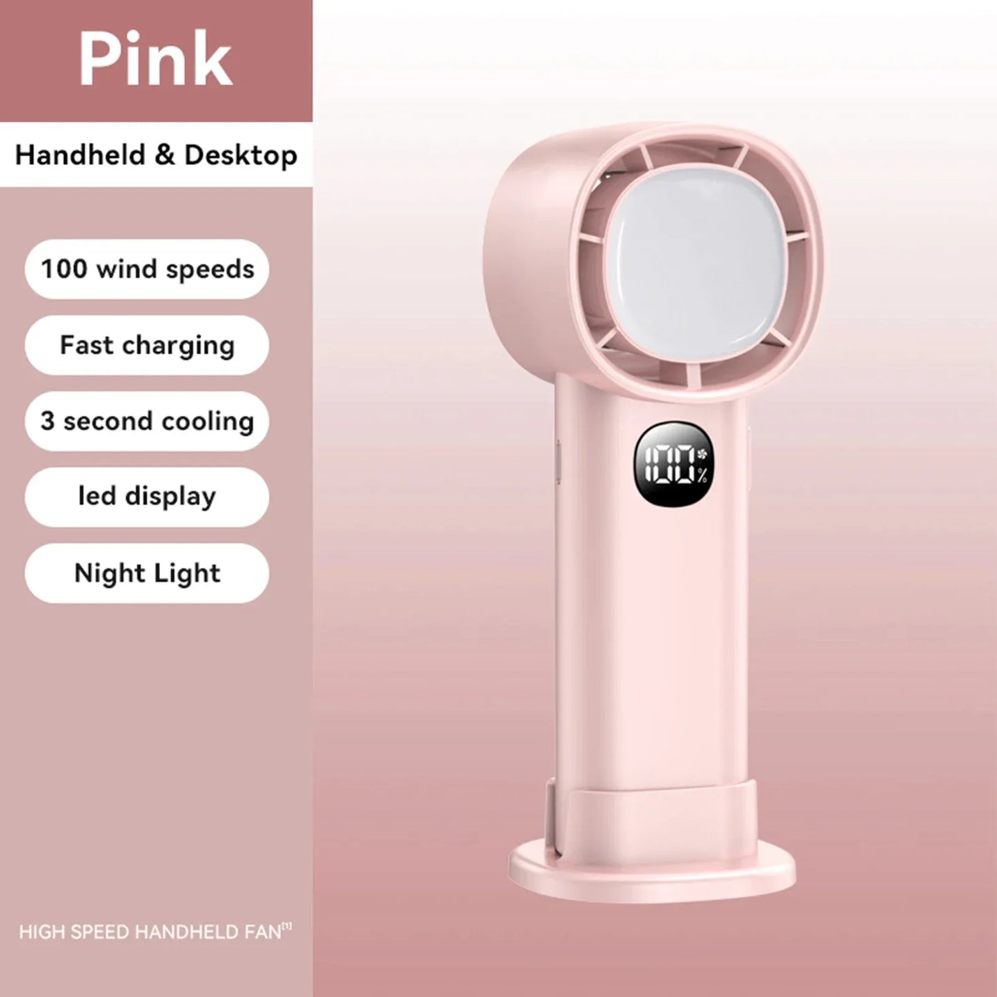 Night Light Cooling Fan 5000mAh Handheld Cooling Fan Portable Handheld Turbo Fan 100 Wind Speeds Adjustable Mini Personal Fan