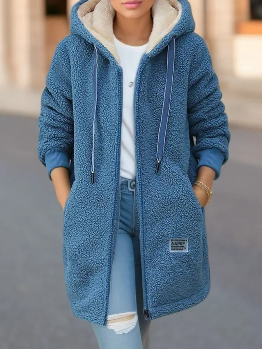 Autumn Winter Thickened Fleece-lined Sweatshirt Women's Hooded Top Cardigan Mid-length Trendy New Style Lamb Wool Jacket