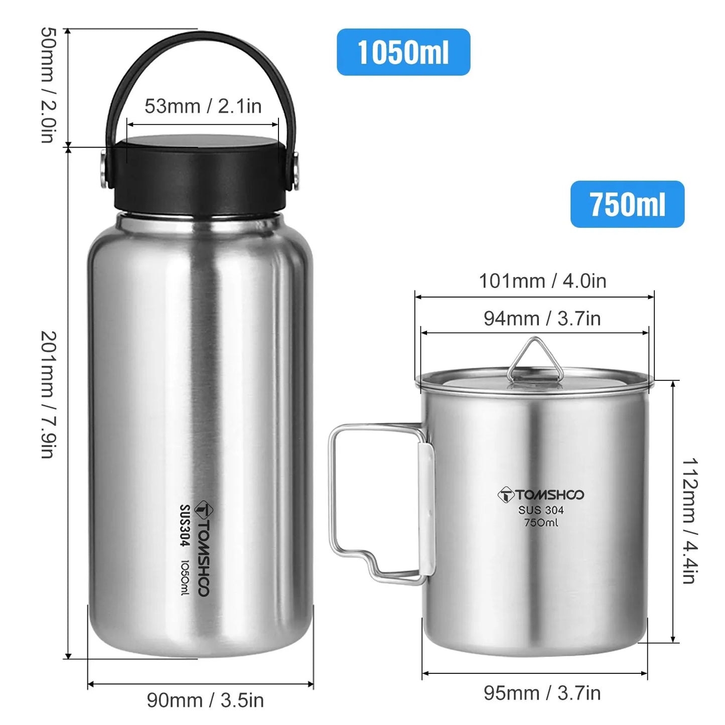 TOMSHOO 1.05L Stainless Steel Water Bottle Leak Proof Sports Bottle W 750ml Water Cup Coffee Mug Hanging Pot for Outdoor Camping