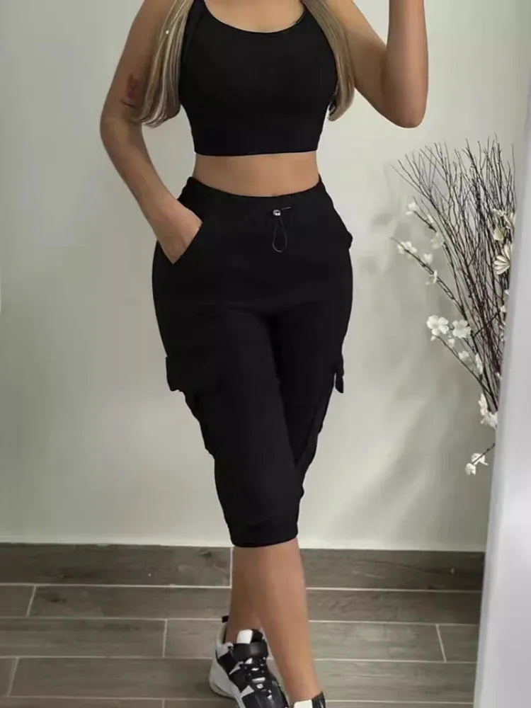Summer Women's Slim-Fit Capri Trousers Solid Color Casual Multiple Pocket Lace-Up High Waist Tight Leggings Capri Pants