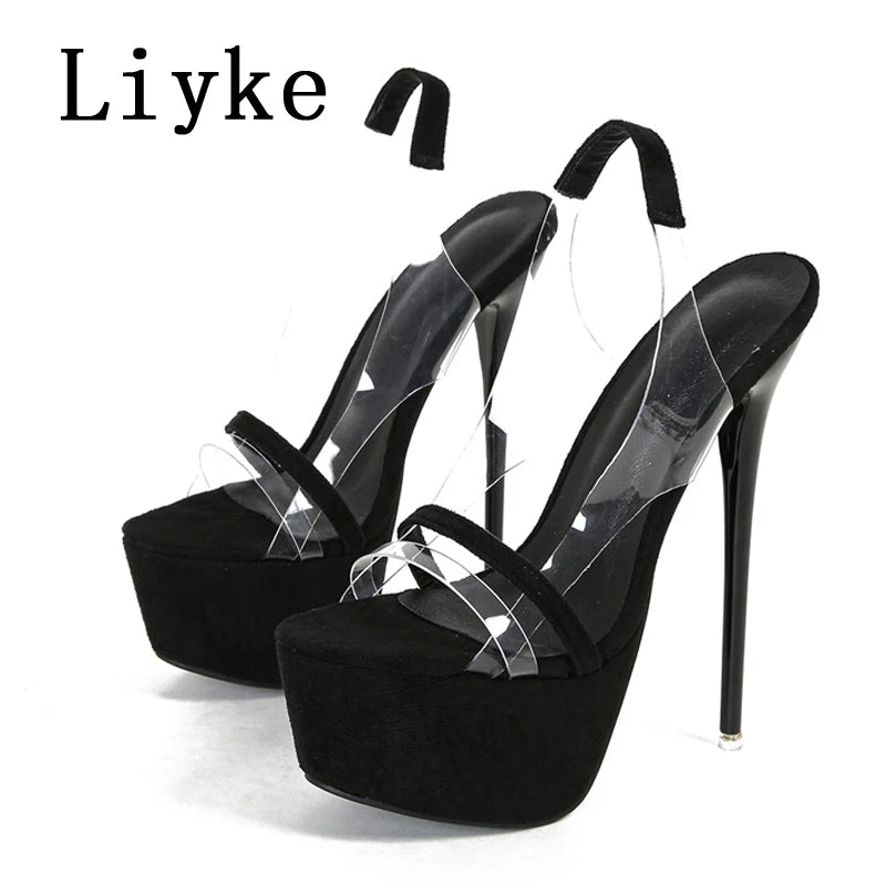 Liyke Model Catwalk Extreme High Heels Sexy 16 CM Transparent Sandal Women Snake Print Open Toe Slip-On Back Strap Platform Shoe