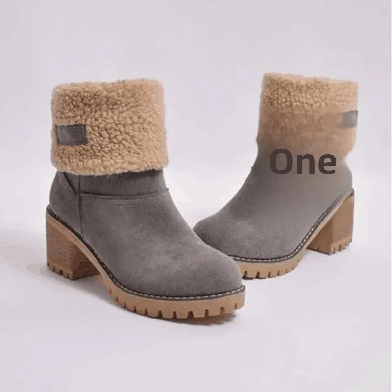Warm Fleece Lined Mid-Calf Snow Boots Women's Velvet Booties Matte Finish Booties Two-Way Wear Low Heel round Toe Winter Boots