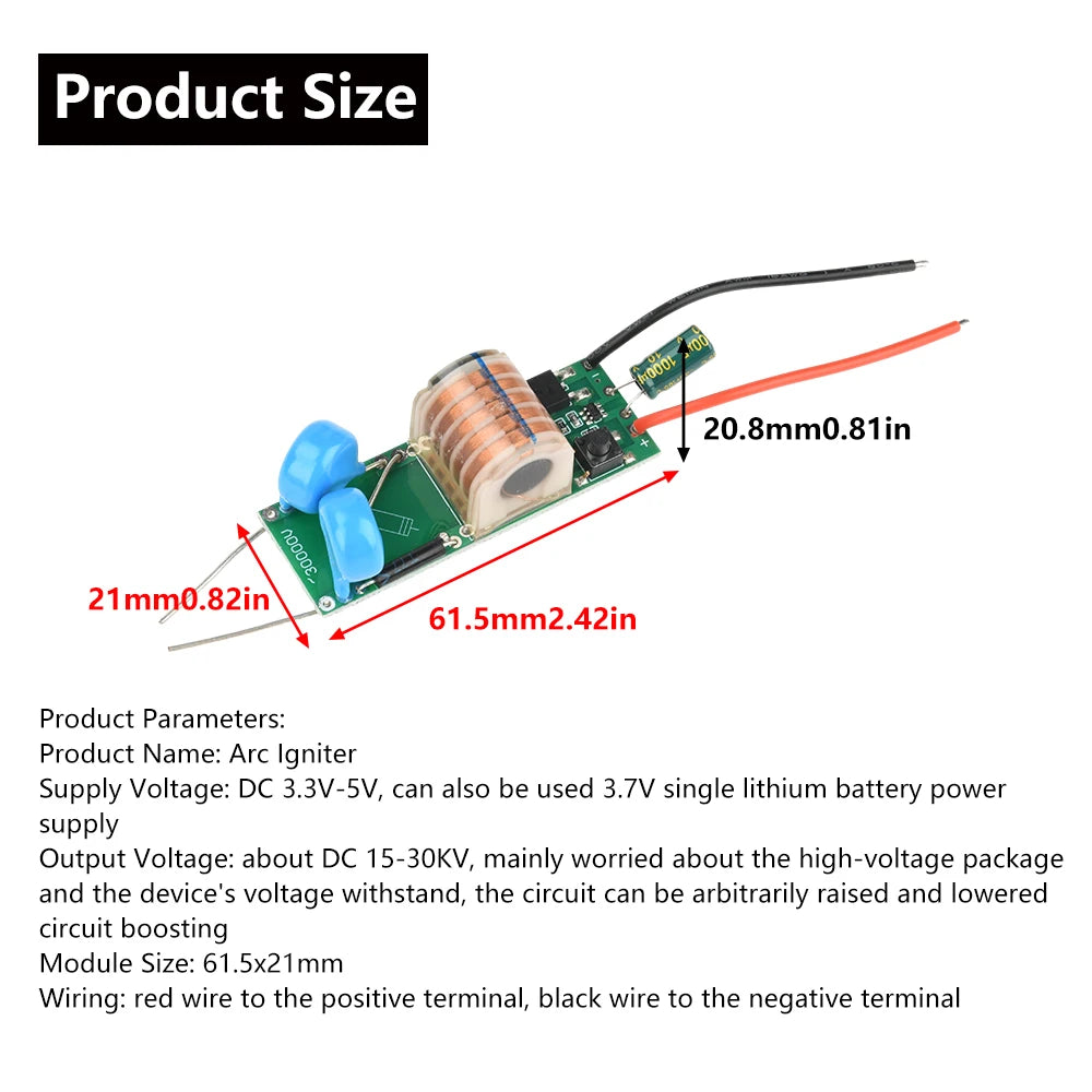 DC 3.3V-5V to DC 15-30KV Arc Igniter High Voltage Module No-load High Power High Voltage Booster Module Adjustable Voltage Coil