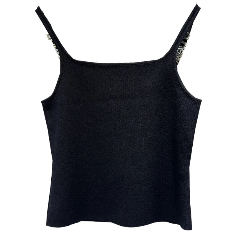 Design Sense Niche Black Beaded Letter-Printing Sleeveless Camisole Women's Summer Crop Tops Hot Girl Outer Wear Short Base Vest