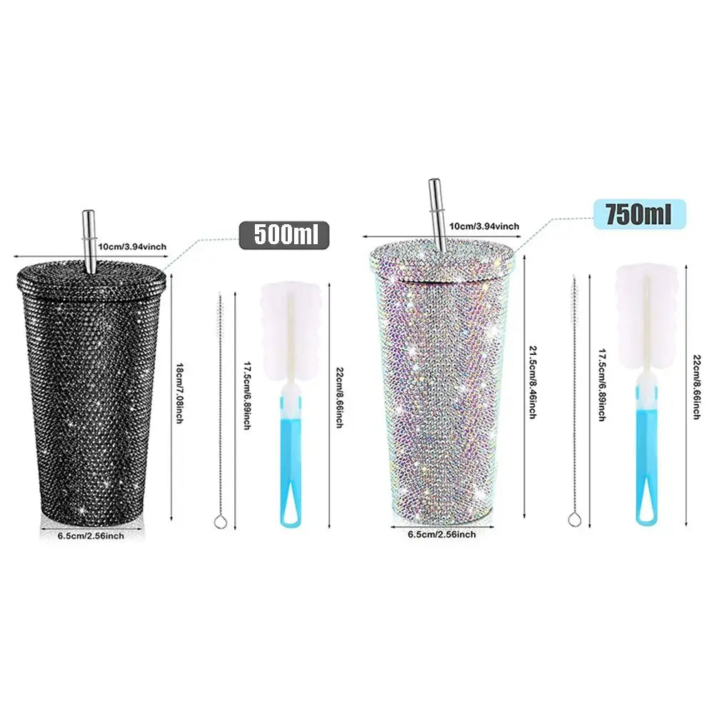 Bouteille isotherme à strass 500 ml/750 ml, tasse à café brillante et pailletée, réutilisable, en acier inoxydable, pour fille