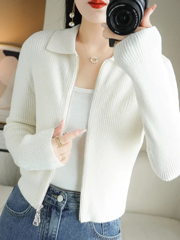 Women Autumn Winter Soft Wool Sweater Polo Collar Thicken Knitted Double Zipper Cardigan Basis Short Top Cashmere Female Coat