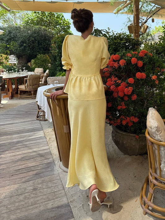 Bornladies 2025 Summer Women's 100% Cotton V-Neck Lace-Up Bubble Sleeve Shirt Long Skirt Set Loose Casual Two-Piece Suit