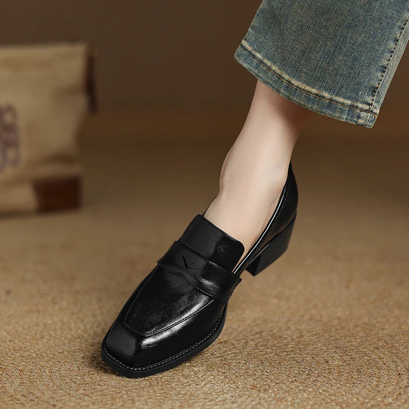 2026 New Spring Genuine Leather Women Shoes Round Toe Women Pumps Brogue Designs Shoes for Women High Heel Loafers Ladies Shoes