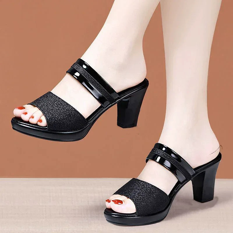 women's sandals summer 2024 Ladies Sequin Fabric High Heels Buckle Cool woman sandals Summer Casual Open Toe slippers Ladies