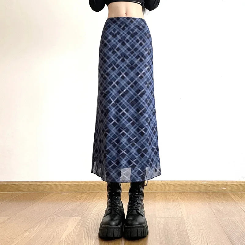 Women Spring Autumn Plaid Print Wrap Hips Skirts Fashion Ankle-Length Sexy Slim Pencil Skirts Preppy Style Girls Slit Midiskirt