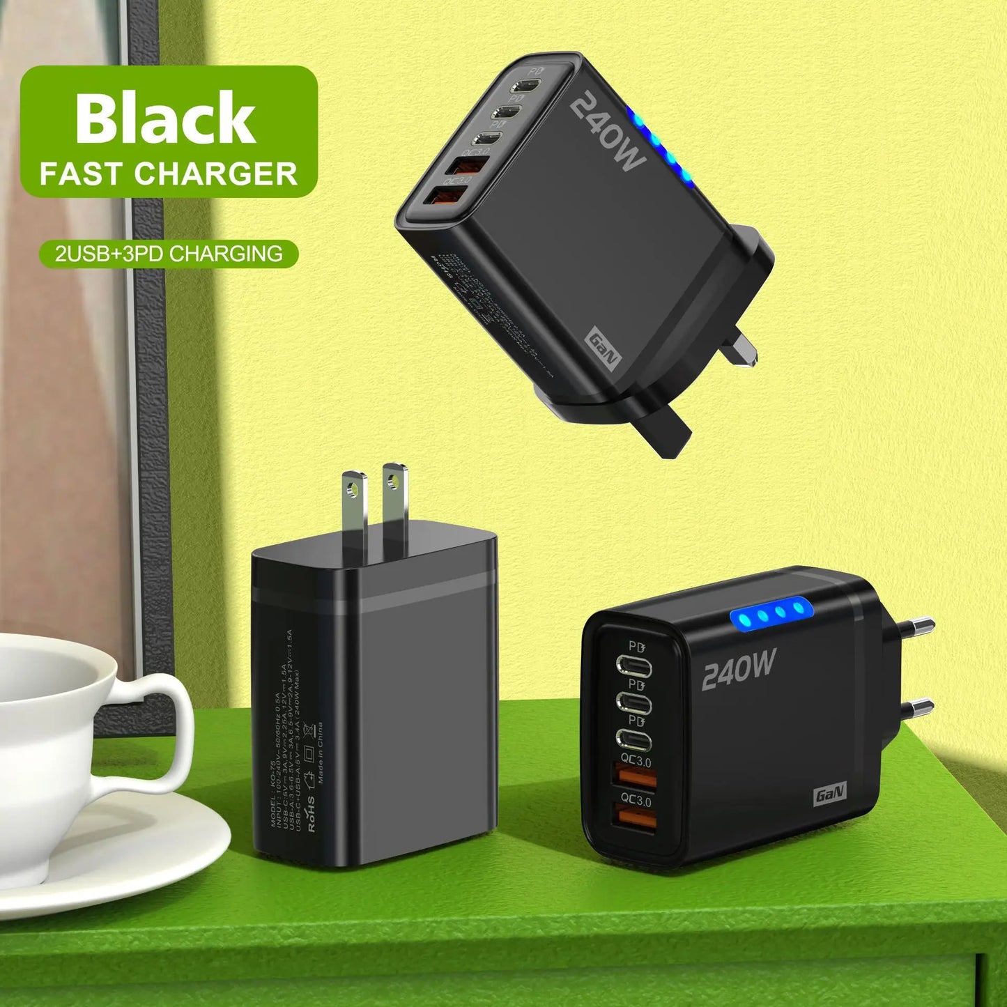 240W GaN Fast Charger 3 USB-C 2 USB-A Ports PD QC3.0 for iPhone 17 16 Galaxy S25 S24 Xiaomi 16 15 Huawei Mate 70 60 Oppo Vivo