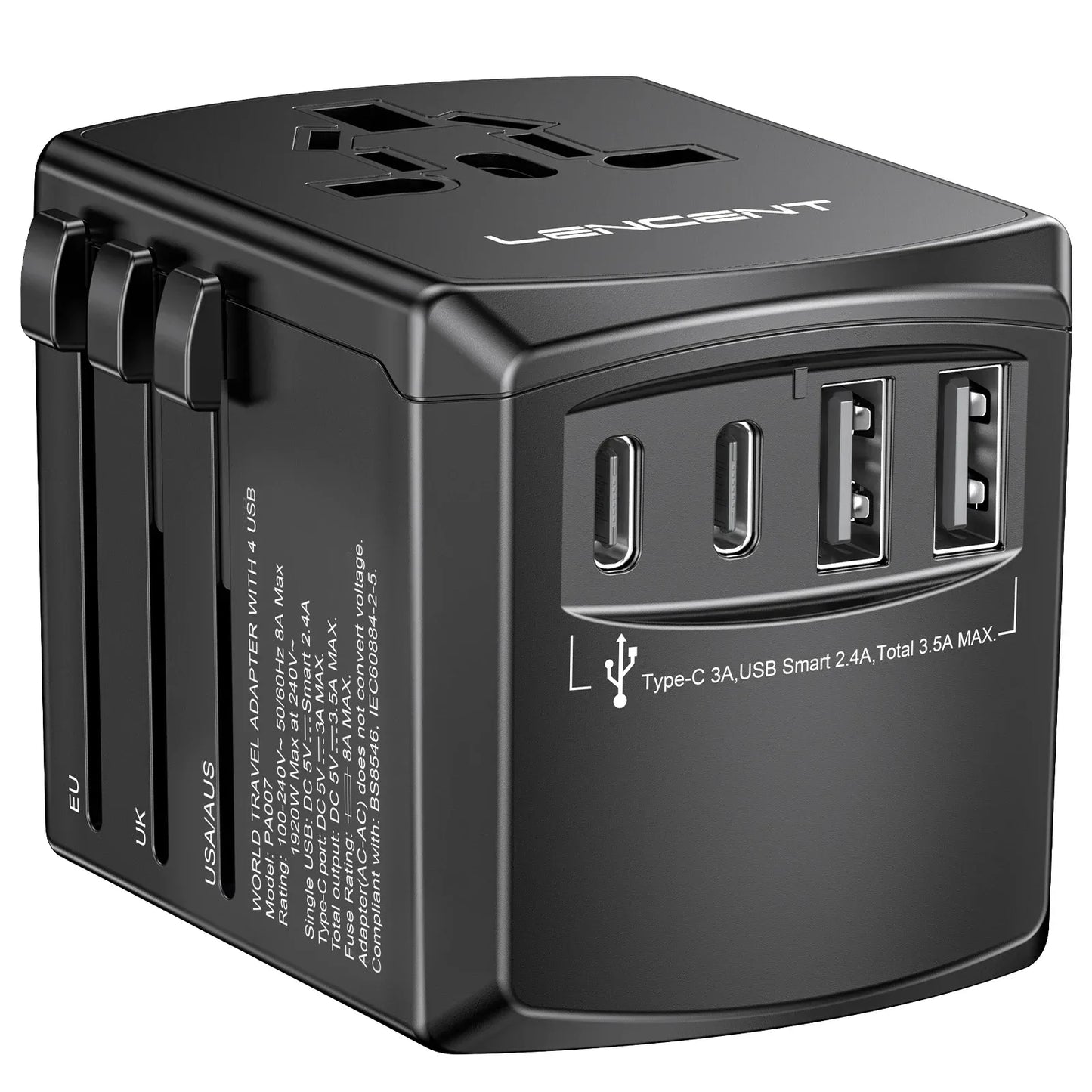 LENCENT Universal Travel Adapter International Plug Adaptor with 2 USB-C +2 USB-A Ports Wall Charger for EU UK USA AUS Travel